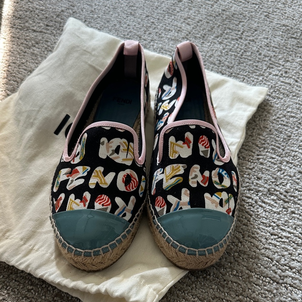 Fendi Black and Blue Espadrille Slip-Ons